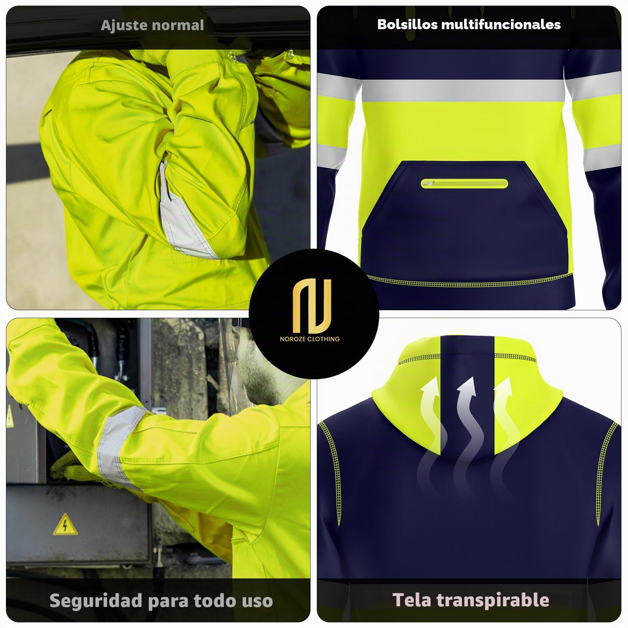 NOROZE Hombres Sudadera Alta Visibilidad Cinta Reflectante Abrigo Seguridad 4 Bolsillos Cremallera