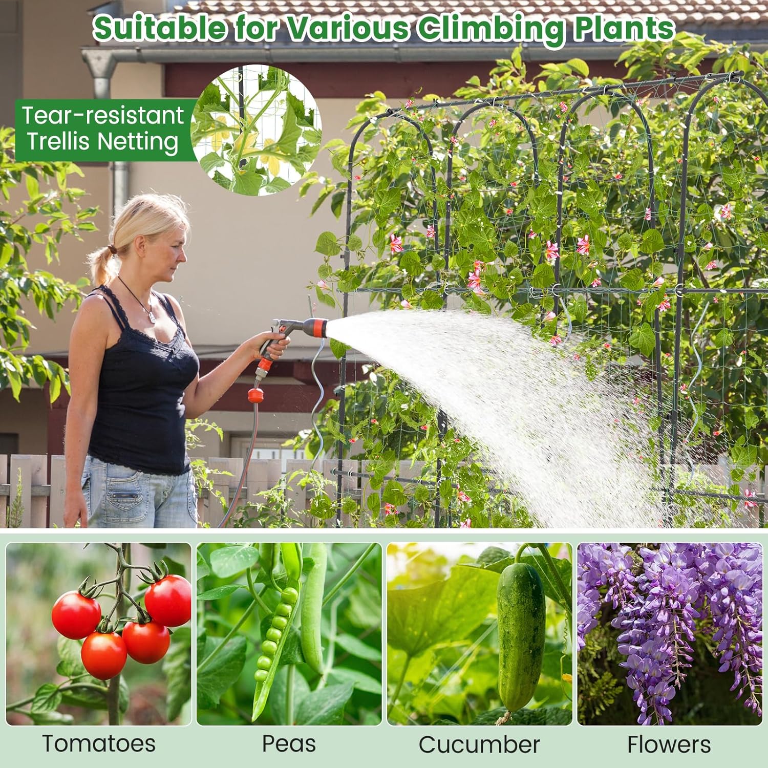 71" x 71" Cucumber Trellis for Raised Bed, Garden Arch Trellis Metal Plant Support Frame with Netting, Sure-Clips & Ground Stakes, U-Shaped Garden Trellis for Climbing Plants Outdoor