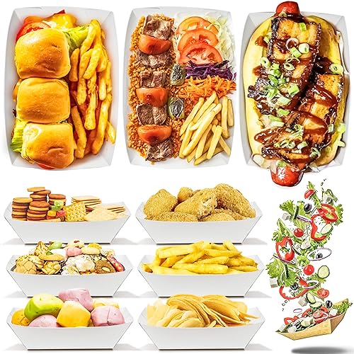 Miniatura 5 de MotBach Paquete de 100 bandejas de papel kraft de 3 libras, impermeables, resistentes, botes de alimentos, cestas desechables para papas fritas,