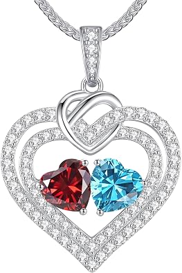 S925 Silver Double Birthstone Heart Necklace Personalized Jewelry Gifts | Hypoallergenic Non Tarnish Pendant Anniversary Birthday Gifts for Women Wife Mom Girlfriend
