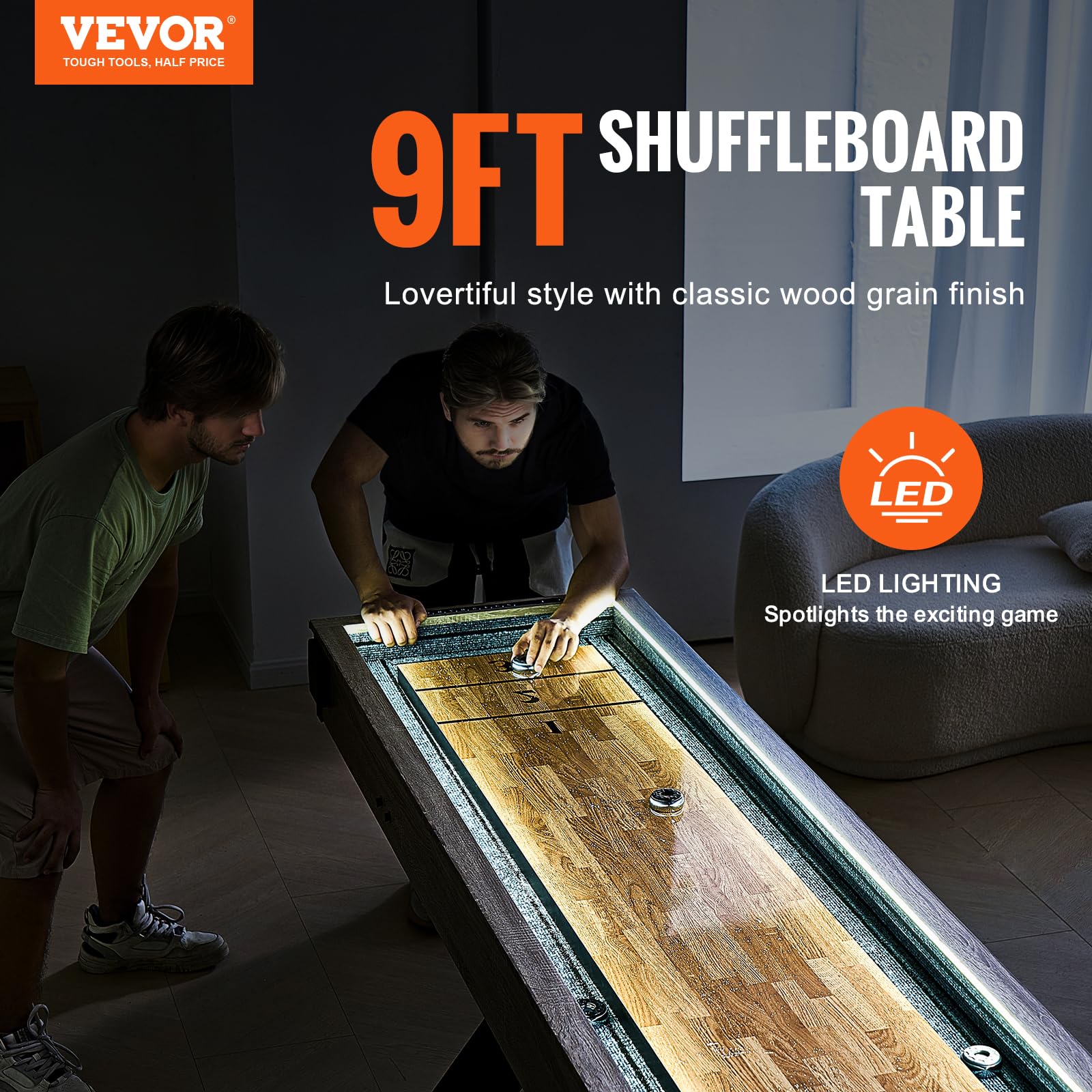 VEVOR Shuffleboard Table, 9 ft LED Light Up Shuffleboard for Family Game Room, 2 in 1 Shuffleboard and Bowling Combo Game Set, with Scratch-Resistant Playfield, Legs, 8 Pucks, Bowling Set, Wax, Brush