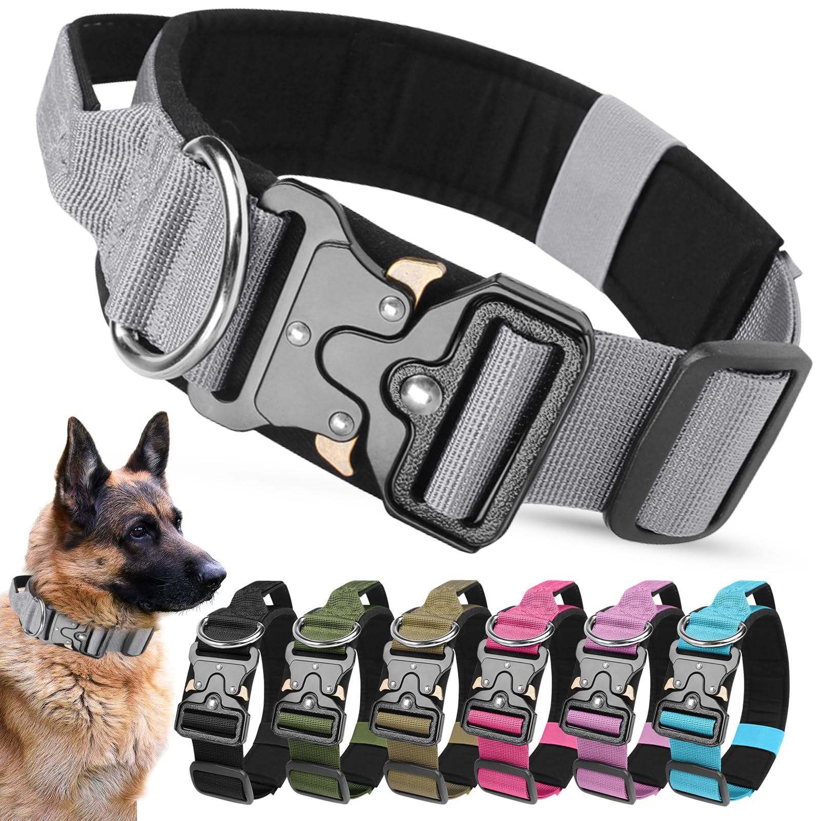 AKOFIC Tactical Dog Collar, Heavy Duty Wide Dog Collar with Handle and Soft Padded