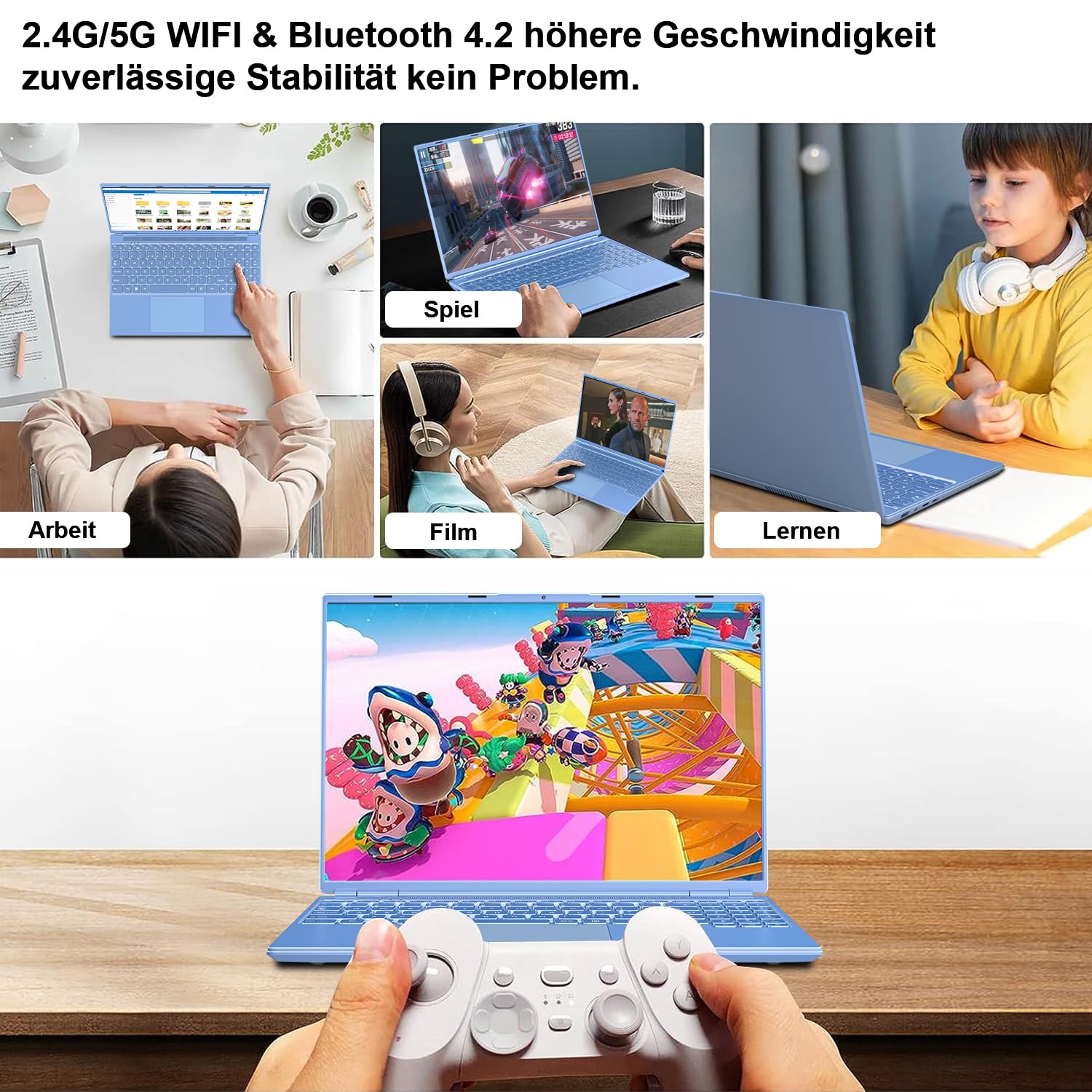 Gaming Laptop 16 Zoll Win11 12+512GB SSD Unterstützung 2TB(HDD-2TB) 1920x1200 Notebook 4-Core Celeron N5095 (bis 2.9GHz) Laptop mit Nummerntastatur WiFi Mini HDMI Deutscher Tastaturschutz-Blau