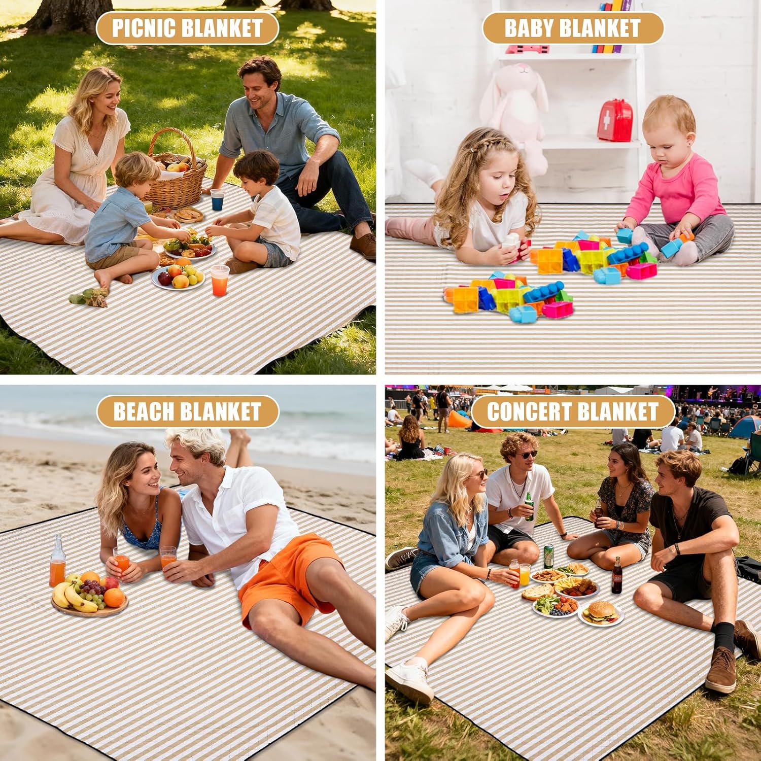 G GOOD GAIN Waterproof Picnic Blanket, 79"x79" Extra Large Beach Mat for 6 to 8 Adults, Machine Washable Outdoor Blanket for Camping, Grass, Park, Camping, Concerts, MiddleSand