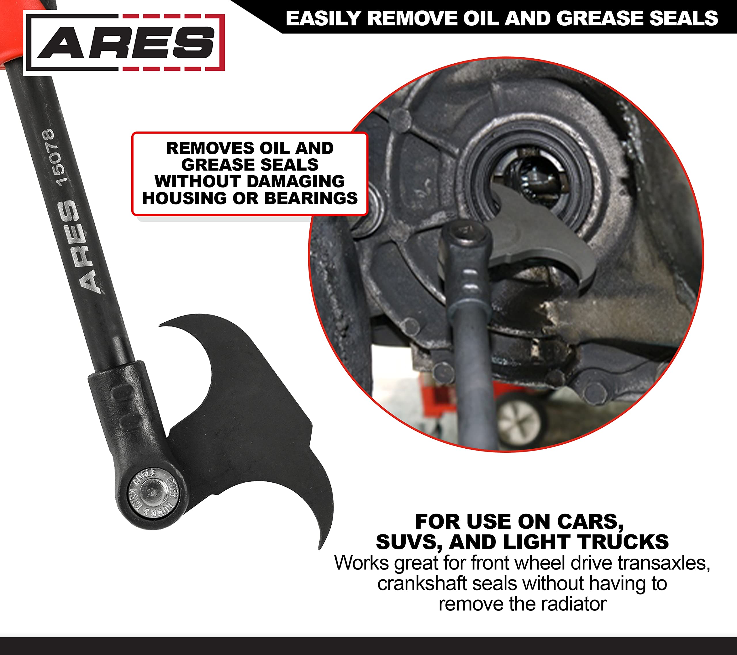ARES 15078 - Extractor de sello de indexación de 12 pulgadas, 14 posiciones de bloqueo ajustables, diseño de punta de gancho doble, retira los sellos de aceite y grasa en coches, SUV y camiones