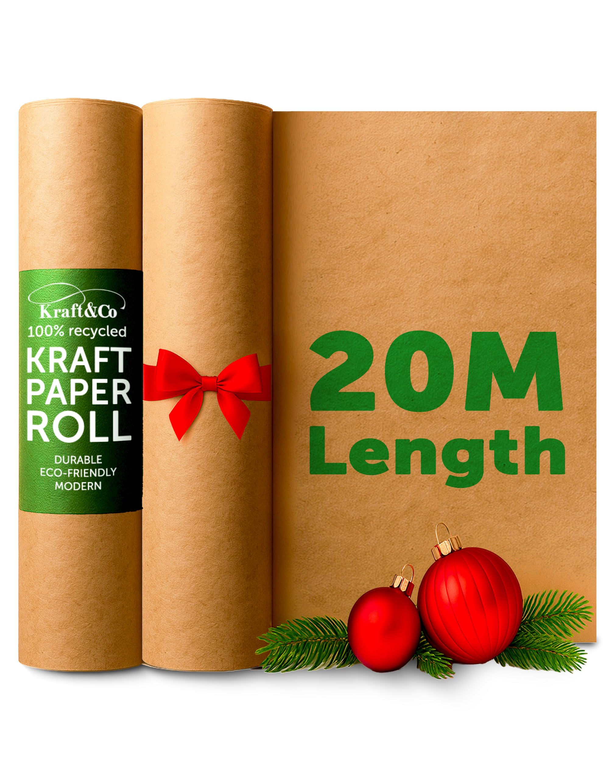 Kraft & Co Recycled Kraft Wrapping Paper Roll – 80gsm Durable Tear-Resistant Gift Wrap, Eco-Friendly, Recyclable & Biodegradable – All-Occasion Wrapping Paper (Brown)