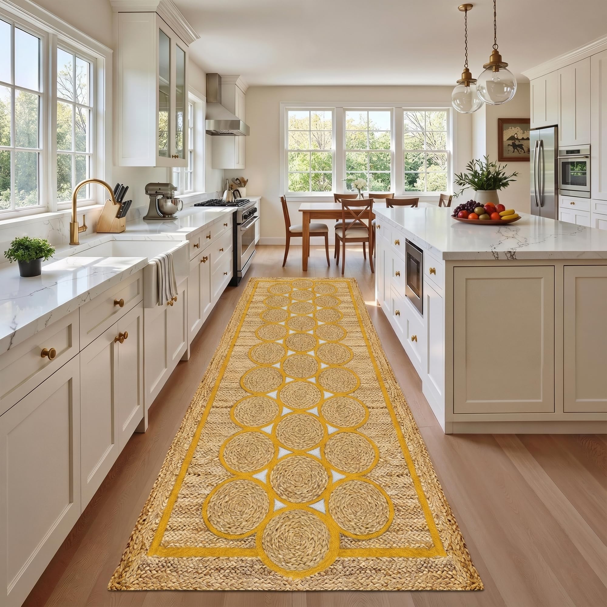 Tapis de couloir géométrique jaune en jute pour cuisine et ferme moderne