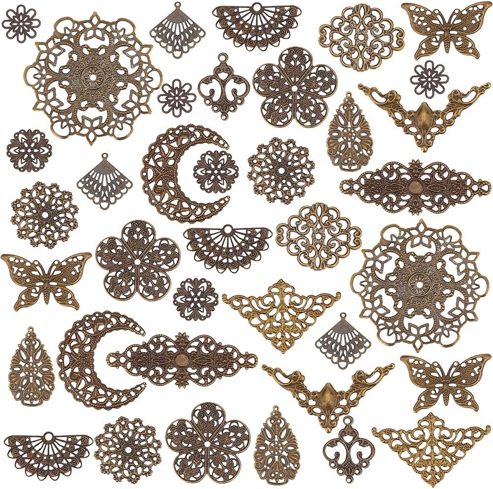 PH PandaHall 150pcs Antique Filigree Pendants 15 Style Tibetan Pendent Metal Connector Teardrop Flower Butterfly Shaped Linking Decoration Pendants for Hairpin Headwear Necklace Jewelery Making