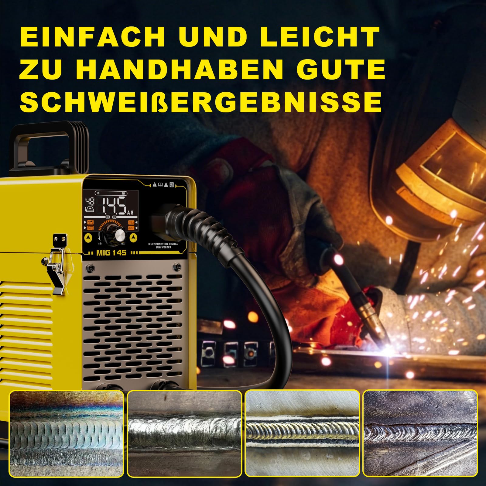 Haxiaoer 145A 3-In-1 Fülldraht Schweißgerät Ohne Gas,LED Licht | 3-In-1, ARC/Flux MIG/MMA Lift WIG - Funktion,Kompakt Inverter Schweißgerät,Synergischer Drahtvorschub