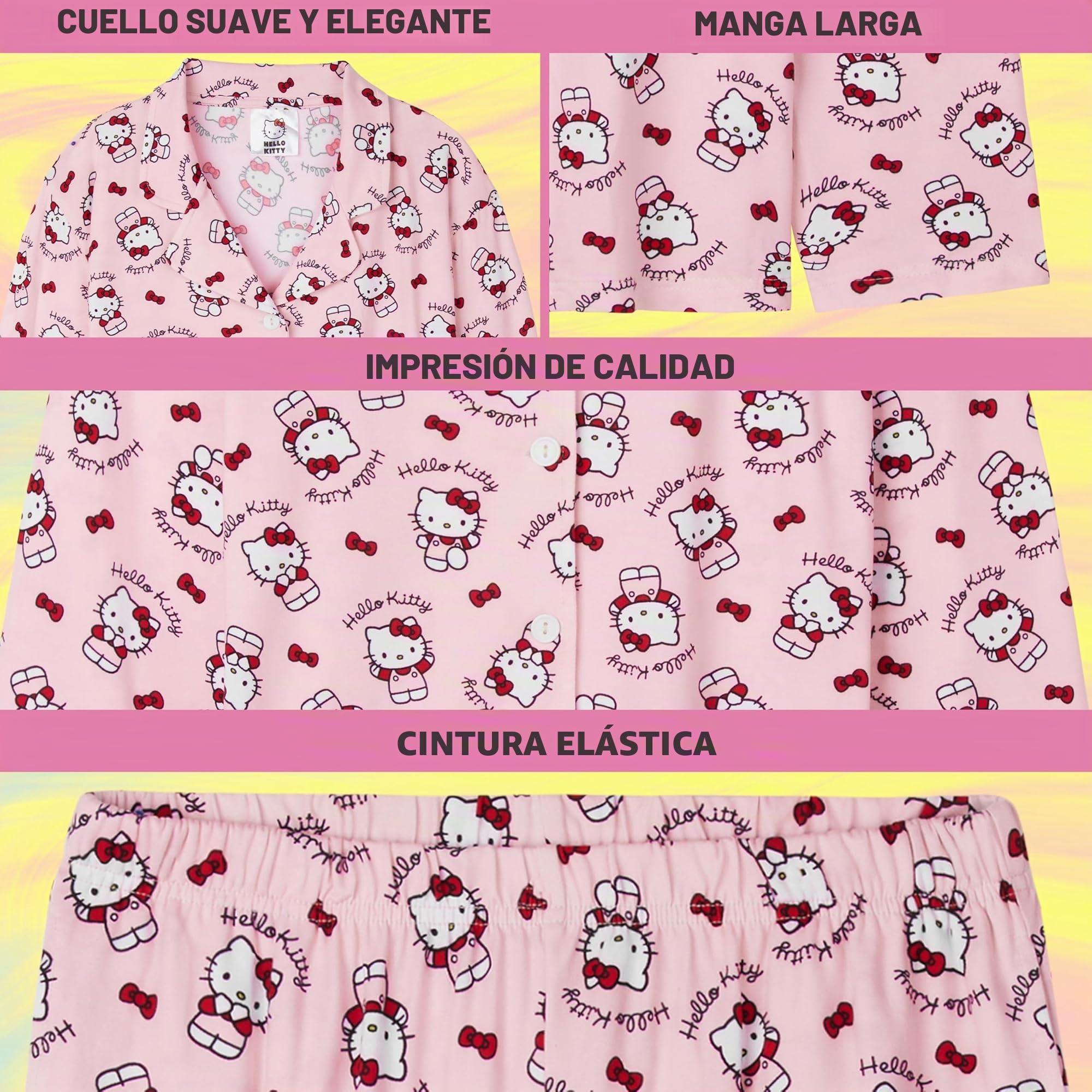 Hello Kitty Sanrio Pijama Invierno Niña y Adolescente 2 Piezas, Ropa de Dormir Kuromi con Camiseta Botones y Pantalón Largo