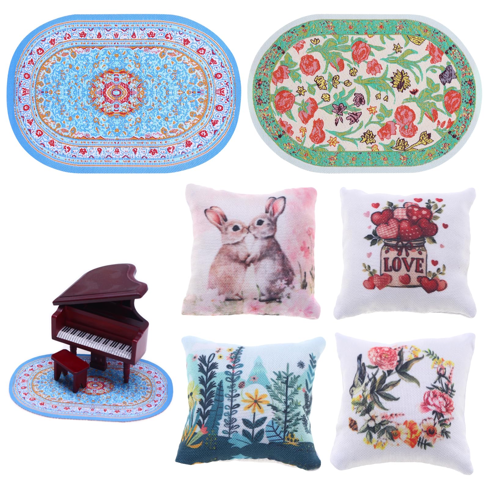 PLUSHCEWT 6 PCS Doll House Accessories 1:12, 4 Pcs Mini Throw Pillows, & 2 Dolls House Rugs, dolls house furniture for Dollhouse, Miniature Carpet, Realistic Mini Things Decor (mix) — image 1