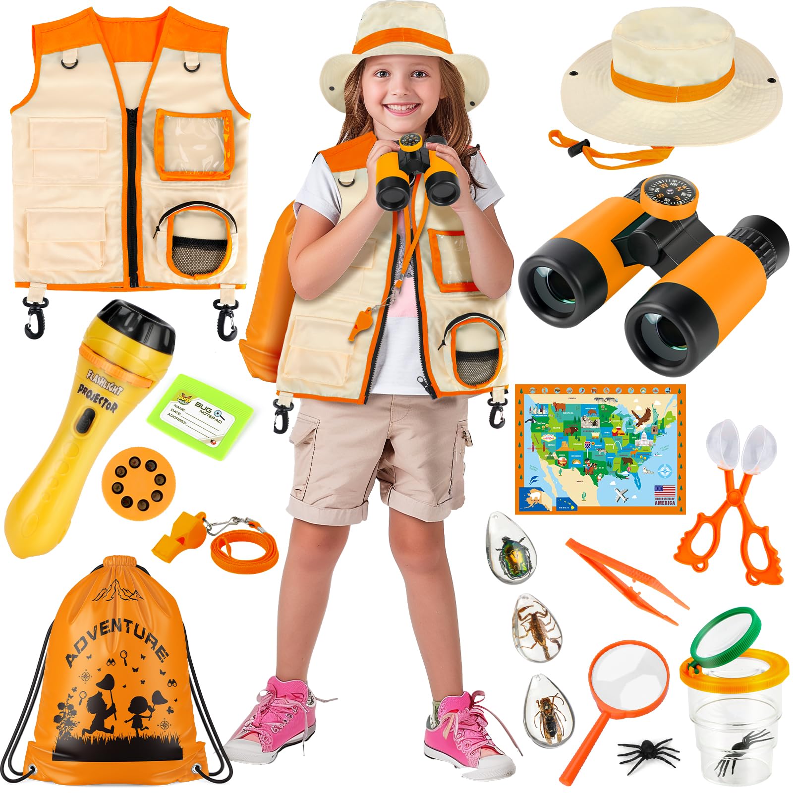 Explorer Kit & Bug Catcher Kit, 15 PCS with Kids Safari Vest, Flashlight Projector, Insect Specimens, Binoculars, Outdoor Exploration Camping Toy for Ages 3-8