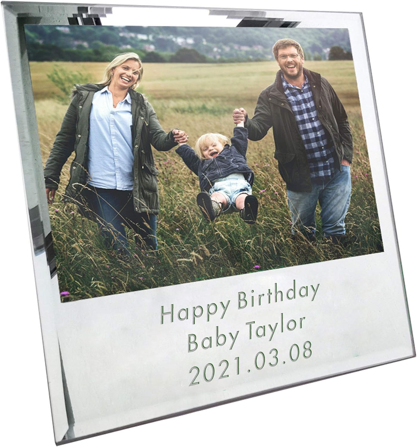 Personalized Photo Frames for Her Couples Family Wife Custom 5X7 Glass Photo Album for Birthday Fathers Day Christmas Wedding Silver Glass Mirror Frame for Daughter Son Husband with Any Text (Family)