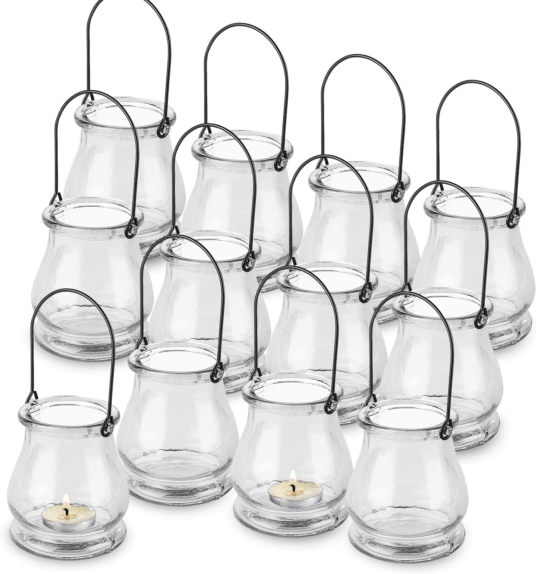 BELLE VOUS 12 Pack Hanging Glass Tea Light Candle Lanterns H9.6cm x