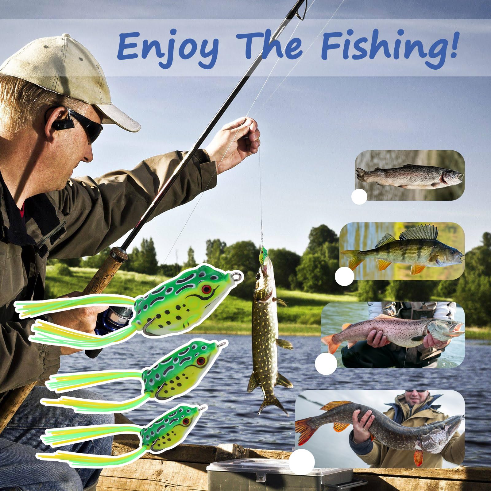 9 pièces de leurres Grenouille Creux en Silicone Double hameçon, appâts Souples pour pêche Surface Bar Poisson-Serpent Truite (S, M, L)