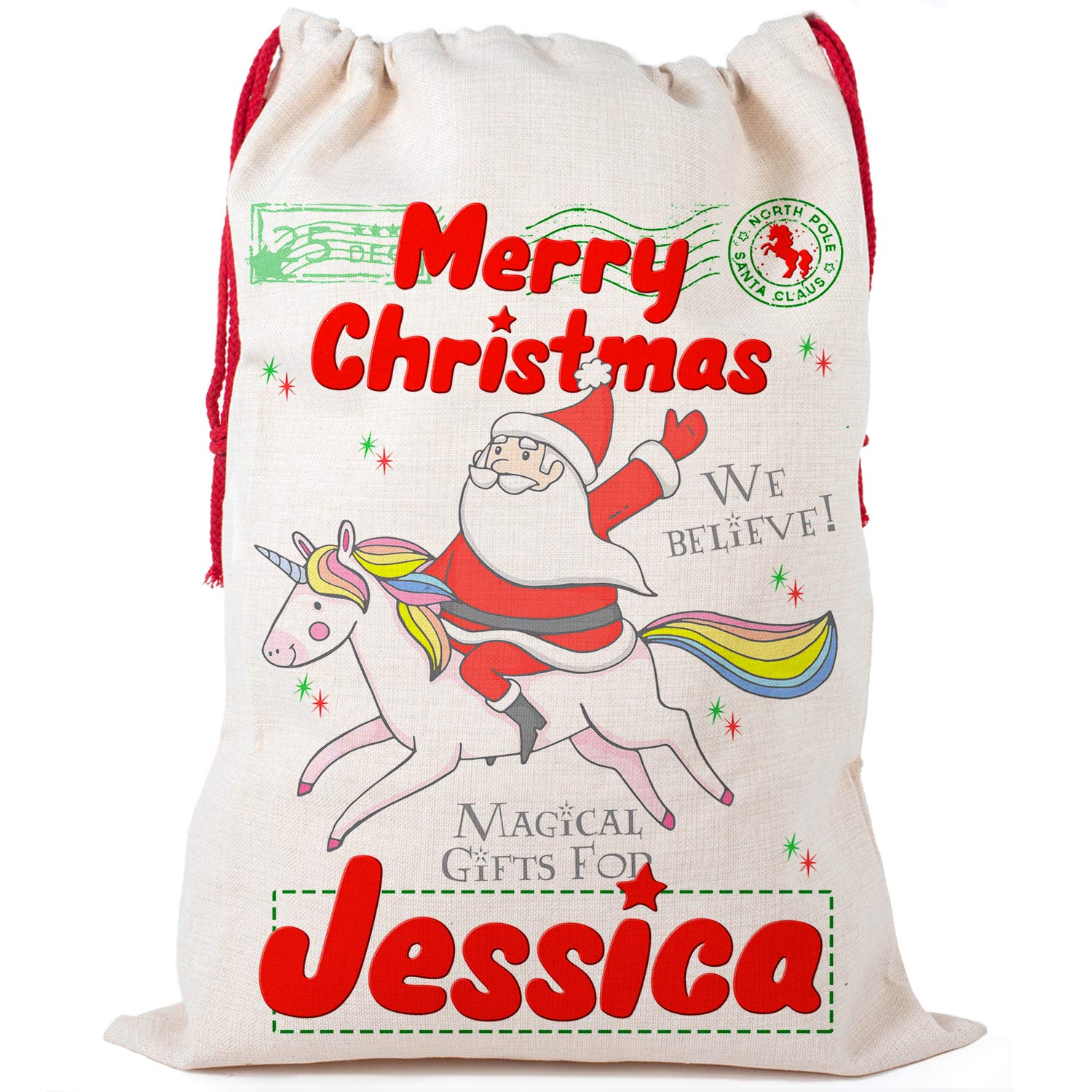 KRAFTYGIFTS Personalised Unicorn Christmas Sack Large Canvas Santa Stockings Childrens Xmas Post Mail Bags NS047 (Small)