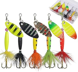 AGOOL Fishing Lures Spinner Baits with Rooster Feather Treble Hooks Inline Spinnerbaits Spoon Bass Salmon Trout Lures Hard Metal Kit with Tackle Box