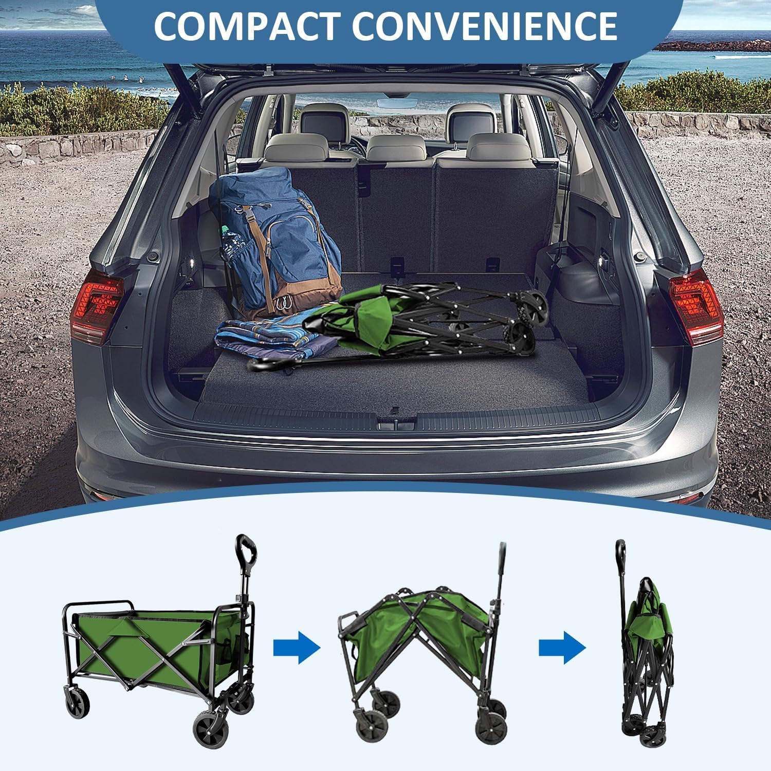 Collapsible Utility Cart Folding Wagon, 320lbs Capacity Lightweight Rolling Cart with Quiet Wheels, Quick-Fold Design for Camping, Shopping, Ourdoor Use, Green