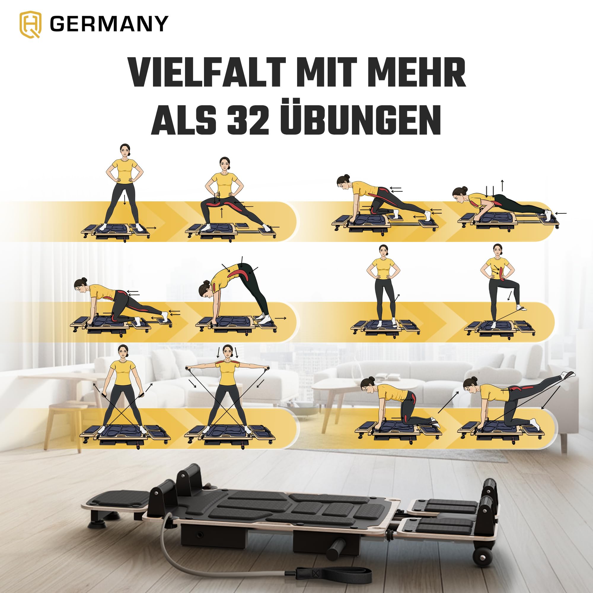 HQ Germany® Pilates Board [massives Birkenholz] - Reformer für Zuhause | inkl. Theraband-Set und digitalem E-Book, 6 Widerstandsstufen, flüsterleise Rollen, standfest & gepolstert