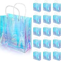 Vista 9 de Sherr 16 piezas bolsas de regalo pequeñas holográficas reutilizables iridiscentes transparentes para mujeres, portador de plástico de PVC con asas