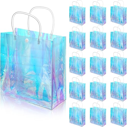 Miniatura 7 de Sherr 16 bolsas de regalo pequeñas holográficas reutilizables iridiscentes transparentes para mujeres, soporte de plástico de PVC con asas para