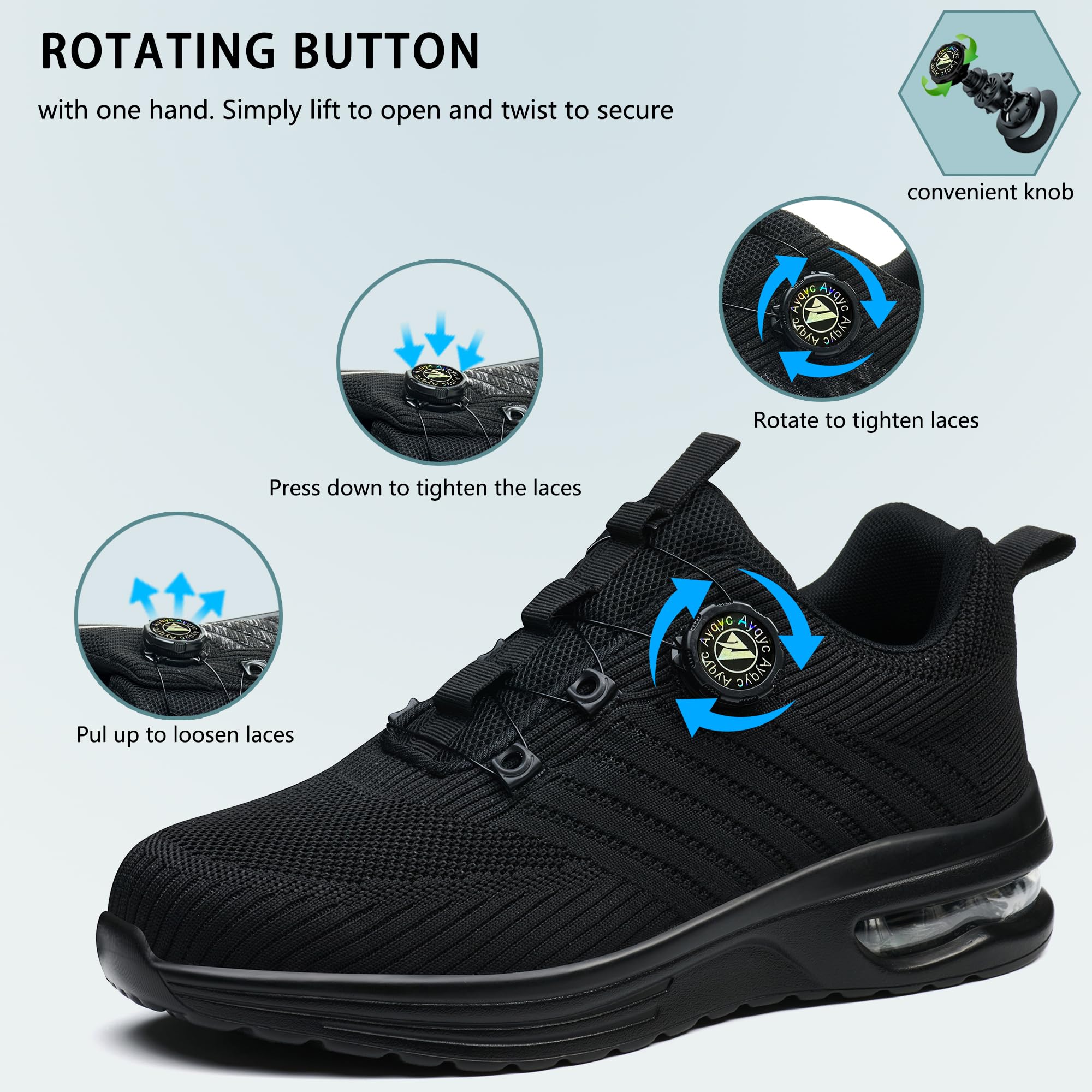 Buty ochronne męskie ze stalowym noskiem, buty ochronne damskie, lekkie buty ochronne, oddychające, antypoślizgowe, robocze buty ochronne z poduszką powietrzną, obrotową klamrą, sznurówki, czerń 2, 40