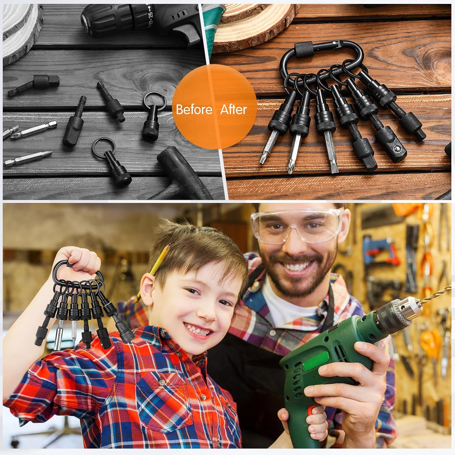 Threlaco 24 Pcs Bit Holder Keychain, 1/4 3/8 1/2 Socket Hex Shank Bit Holders Quick Release Screwdriver Extension Tool for Impact Driver Drills Nut Gifts for Men(Black)