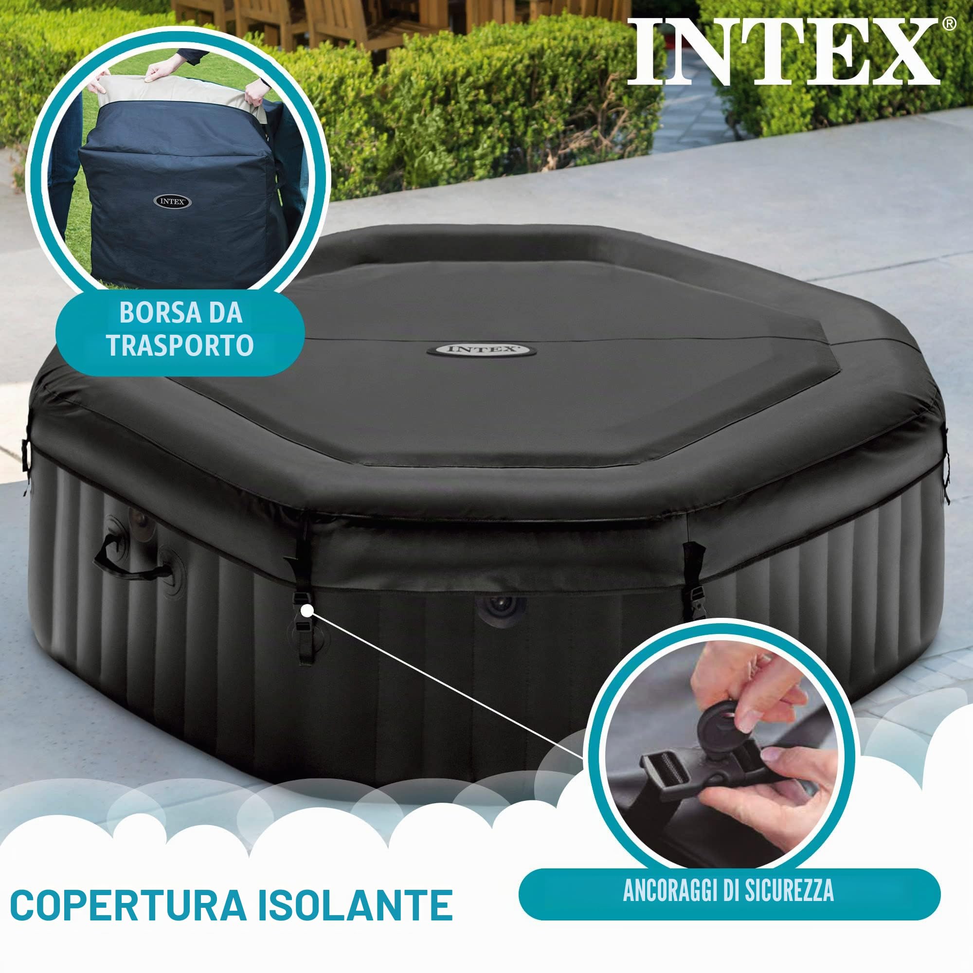 Intex 28462EX - PureSpa Vasca Idromassaggio Gonfiabile Jet&Bubble Deluxe Ottagonale, 6 posti, 140 Getti, Riscaldatore, Nero, 218x71 cm