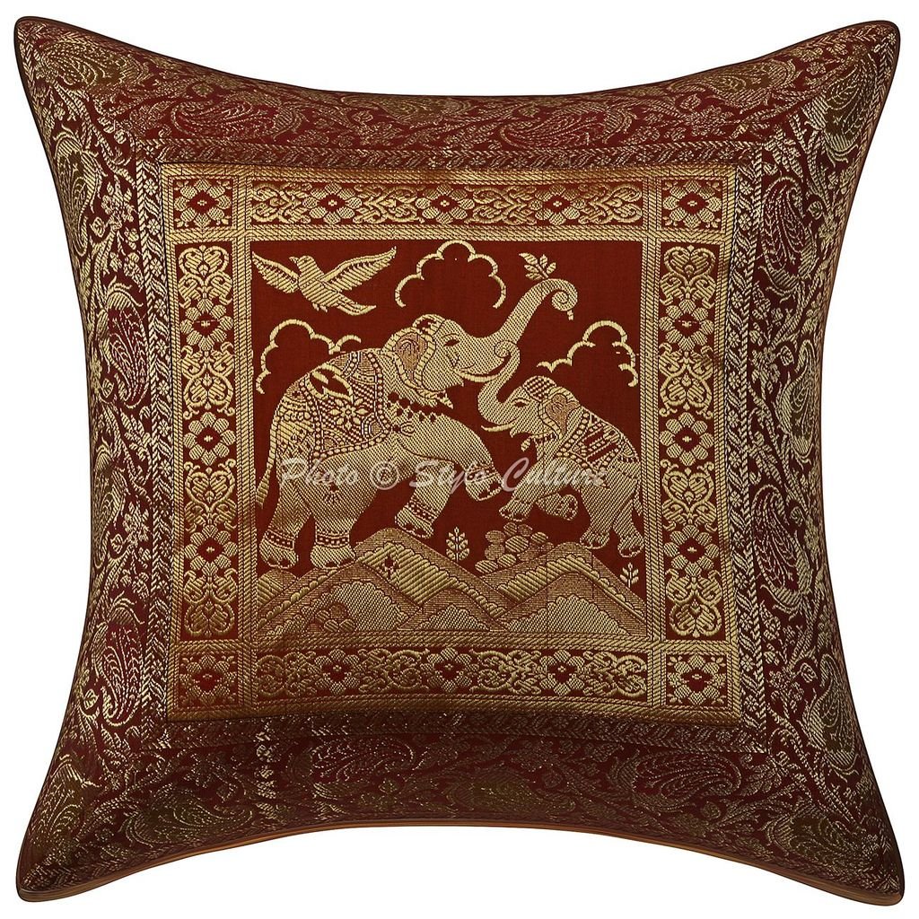Stylo CultureIndian Decorative Throw Pillow Covers Brocade Jacquard Cushion Covers Elephant Floral Square 16x16 Pillow Cases Covers 40x40 cm 40x40 cm Brown SC-CUSH00134
