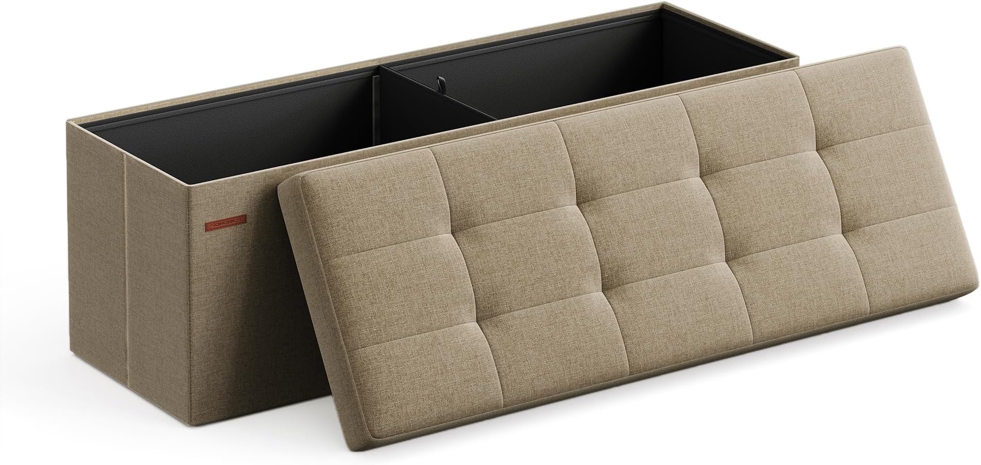 MAZIE Collection - 43 Inches Folding Storage Ottoman Bench, Ottoman Foot Rest, End of Bed Bench, Storage Chest, Load 660 lb, for Living Room, Bedroom, Entryway, Camel Brown ULSF077R01