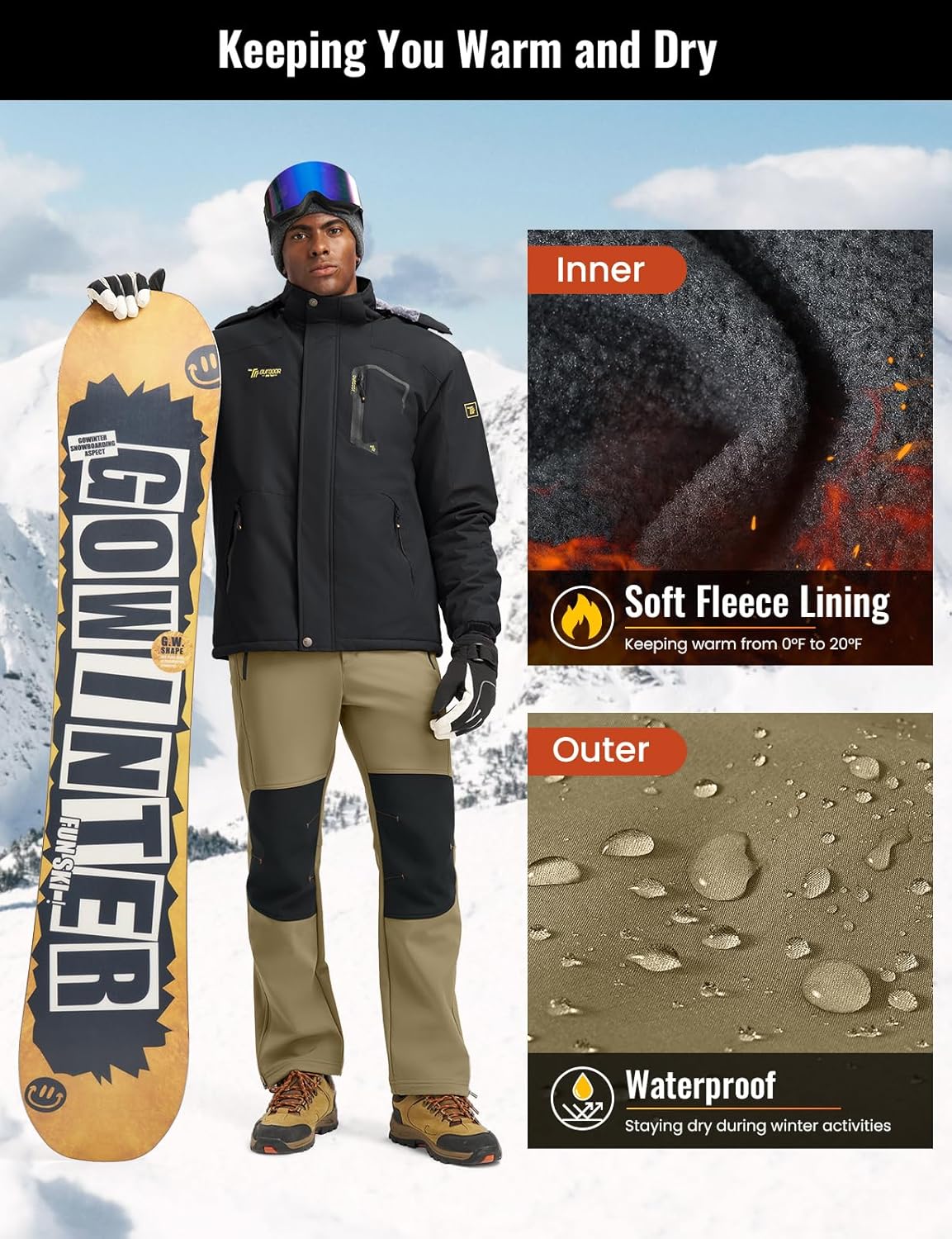 Rdruko Men's Snow Ski Pants Waterproof Insulated Fleece Lined Snowboard Winter Hiking Camping Pant with Zipper Bottom Leg - Image 4