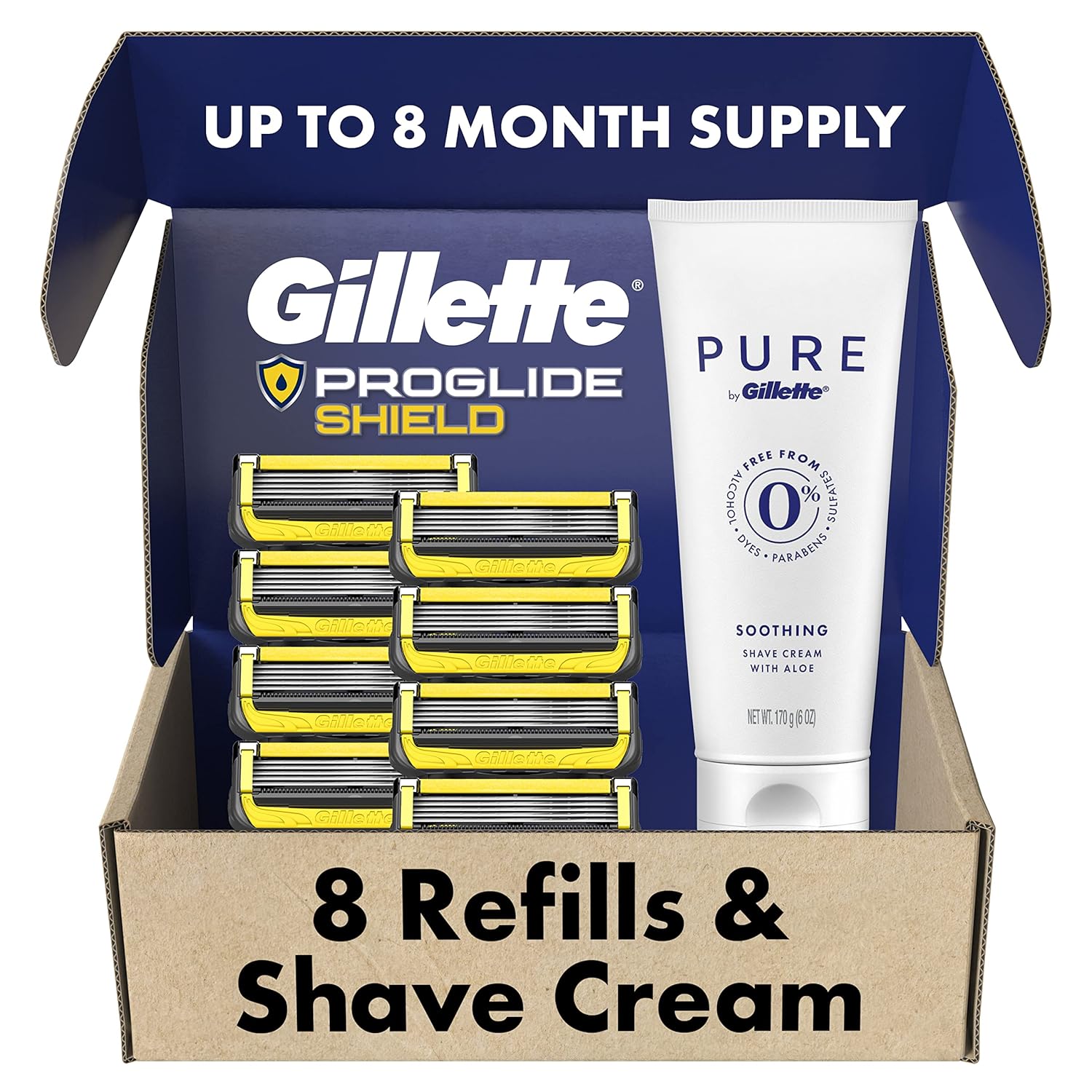 Gillette ProGlide Shield Mens Razors 8 Razor Blade Refills Plus Gillette PURE Mens Soothing Shaving Cream with Aloe, 6 oz