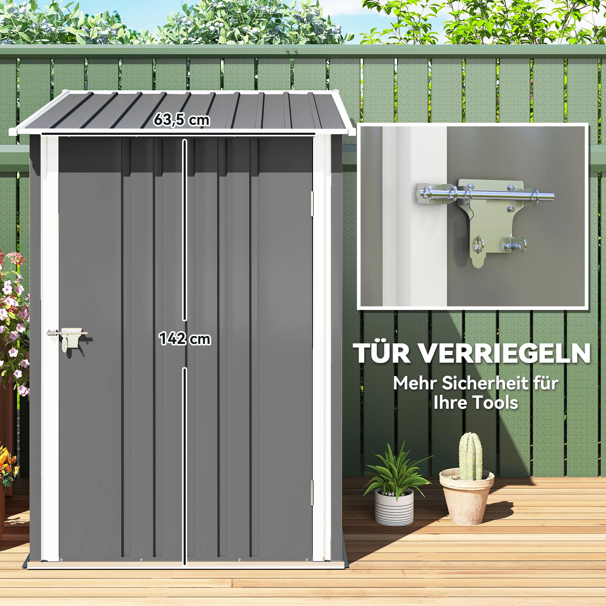 Outsunny Metall Gerätehaus 0,92 m² 100x103x160cm Geräteschuppen mit Pultdach Abschließbarer Tür Grau