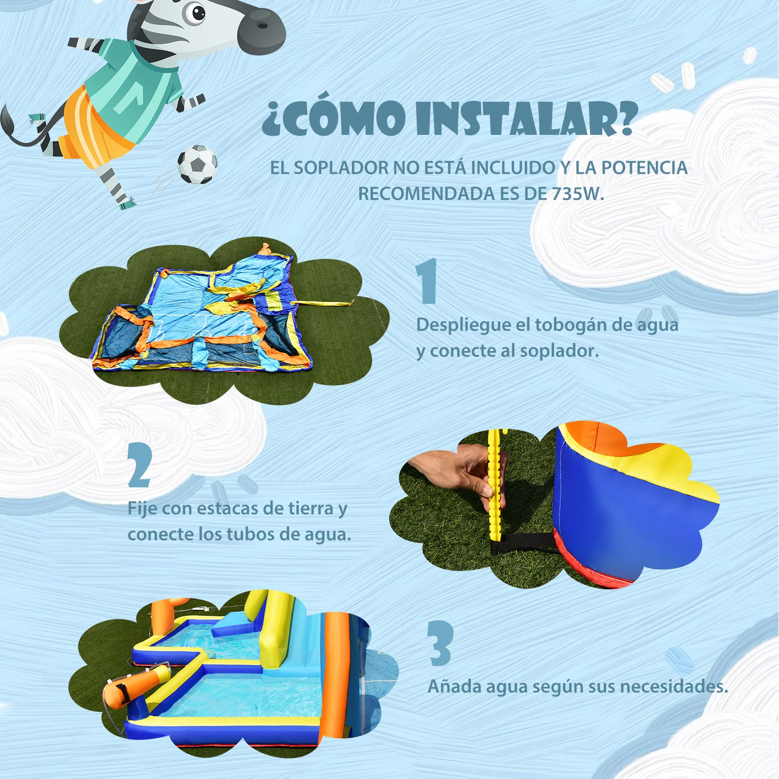 COSTWAY Tobogán Acuático Inflable con Tema Fútbol, Casa Inflable con Compresor, Tobogán Inflable Mojado Seco con Piscina, Pared para Escalar, Doble Hidrante, Zona para Fútbol, Soplador