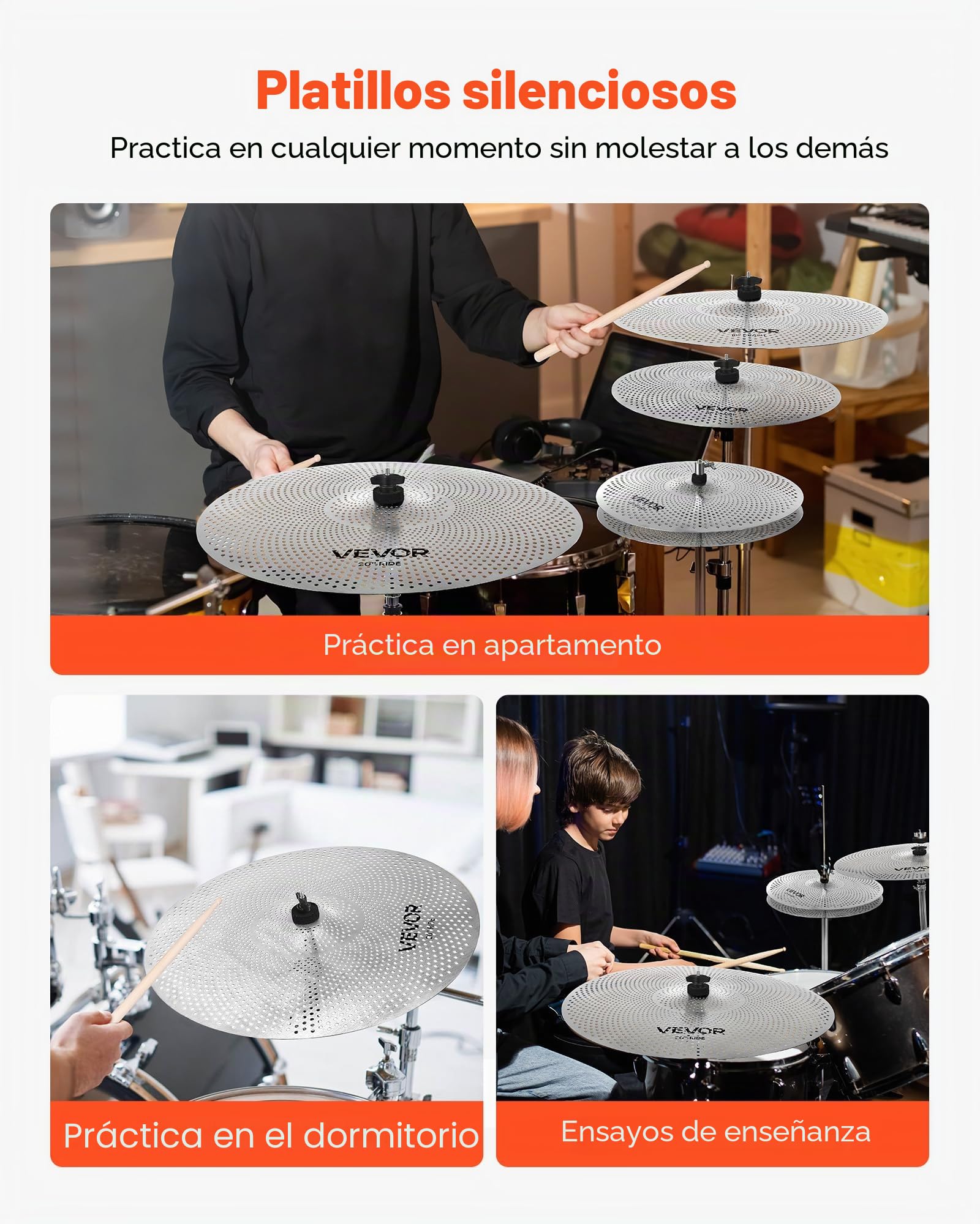 VEVOR Paquete de Platillos de Bajo Volumen, 4 Platillos Silenciosos para Batería con Hi-Hats de 355 mm, Crash de 400 mm y 455 mm, Ride de 505 mm, Baquetas y Funda para Platillos, Cobre Brillante