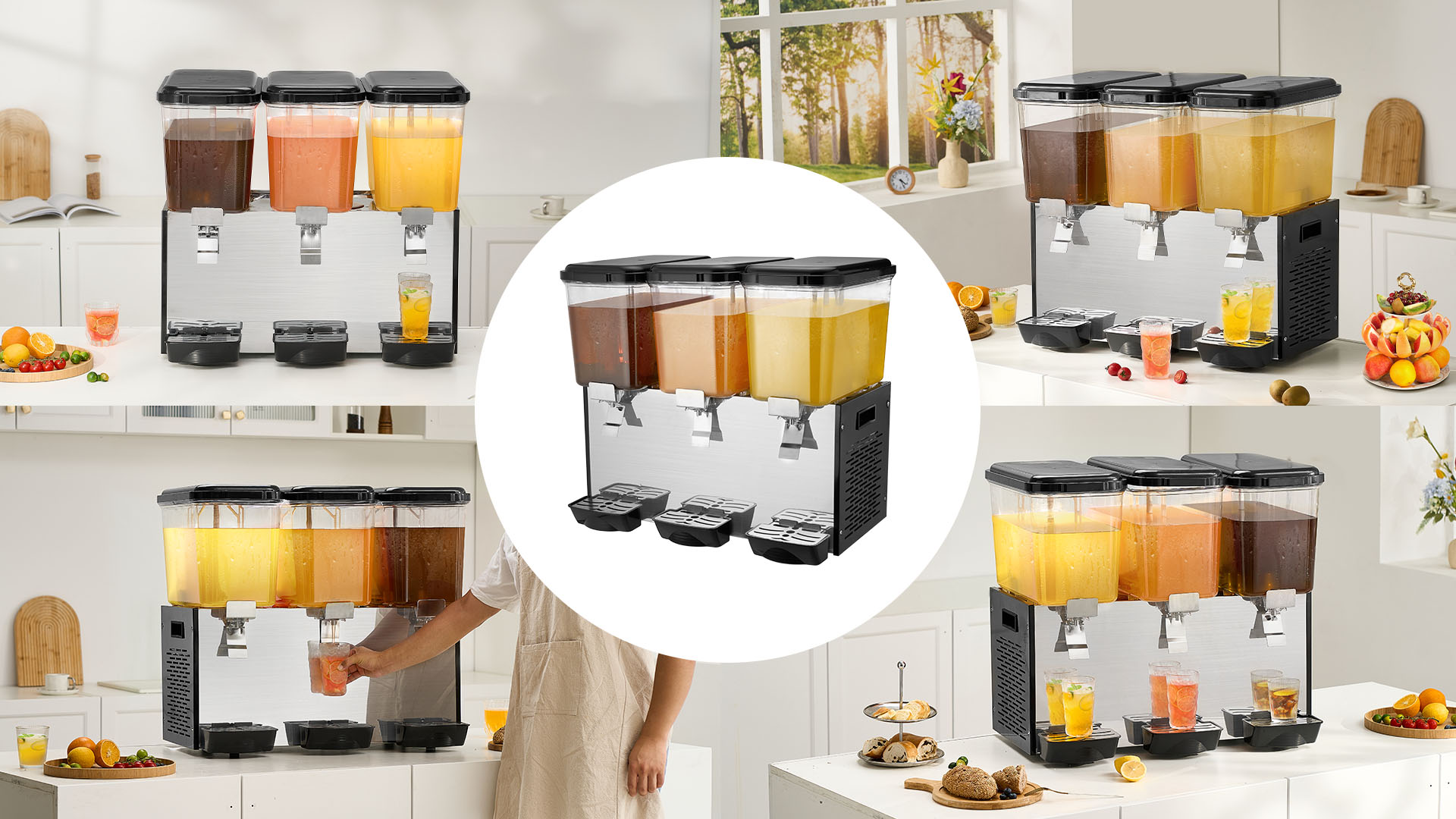 Image of VEVOR Commercial Beverage Dispenser, 3 Tanks 18 L / 19 QT Per Tank Juice Dispenser, 512W Stainless Steel Ice Tea Drink Machine with 45F-54F Cooling Temperature, for Cold Drink Restaurant Bar Party