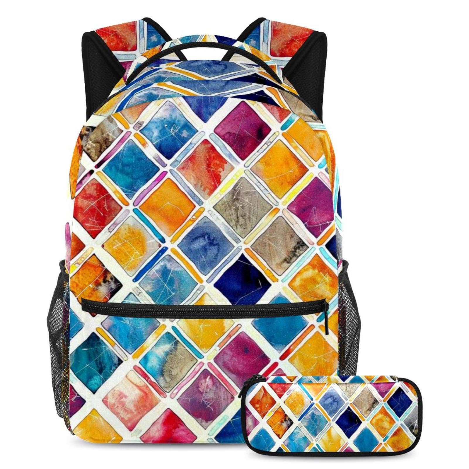 Sac à dos aquarelle géométrique ergonomique et grande trousse