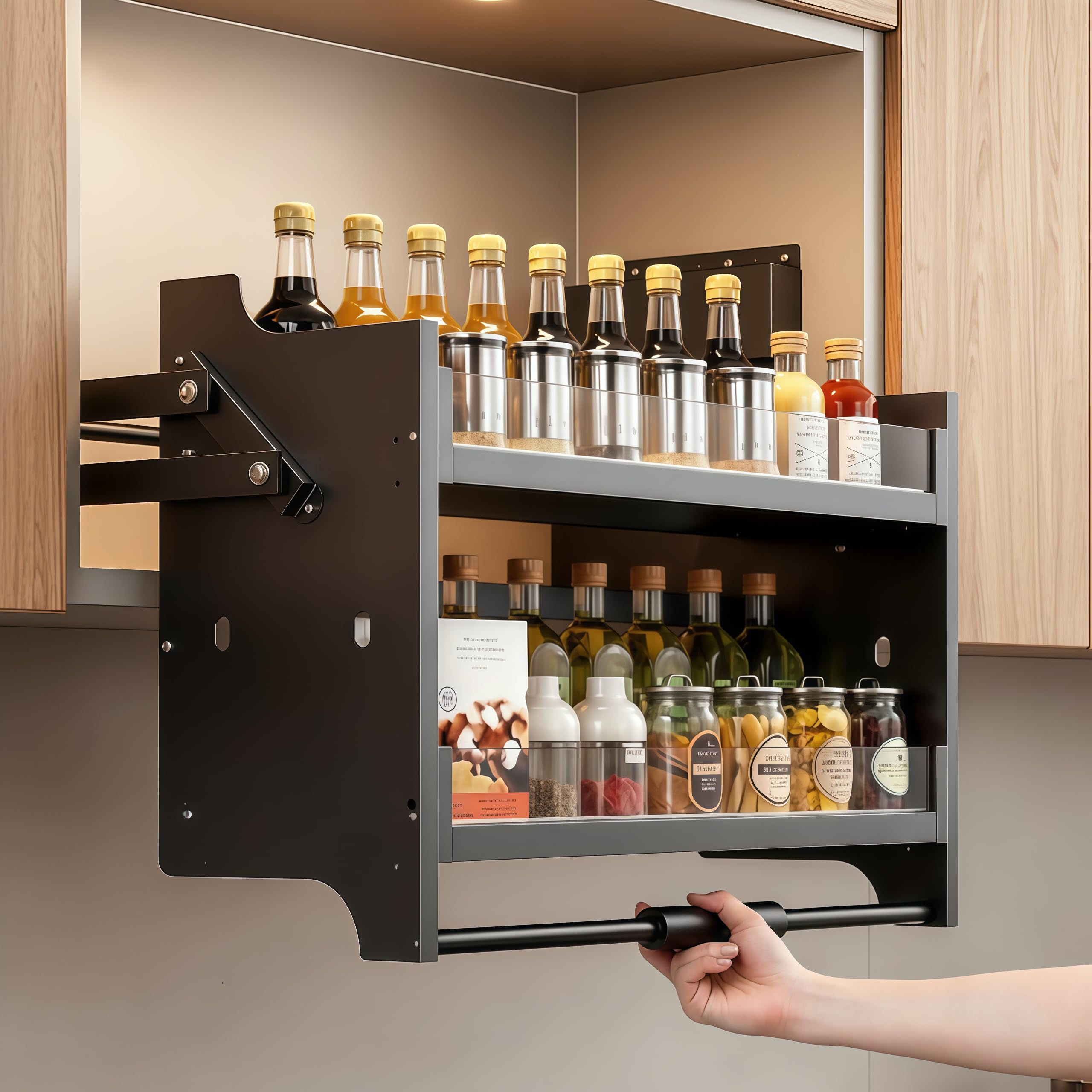 POPICK Pull Down Cabinet Shelf, Cabinet Pull Down Shelving System, Black Kitchen Storage Organiser, Two Tier Pullout Shelving, Space-Saving Kitchen Cupboard Storage Organiser, 600