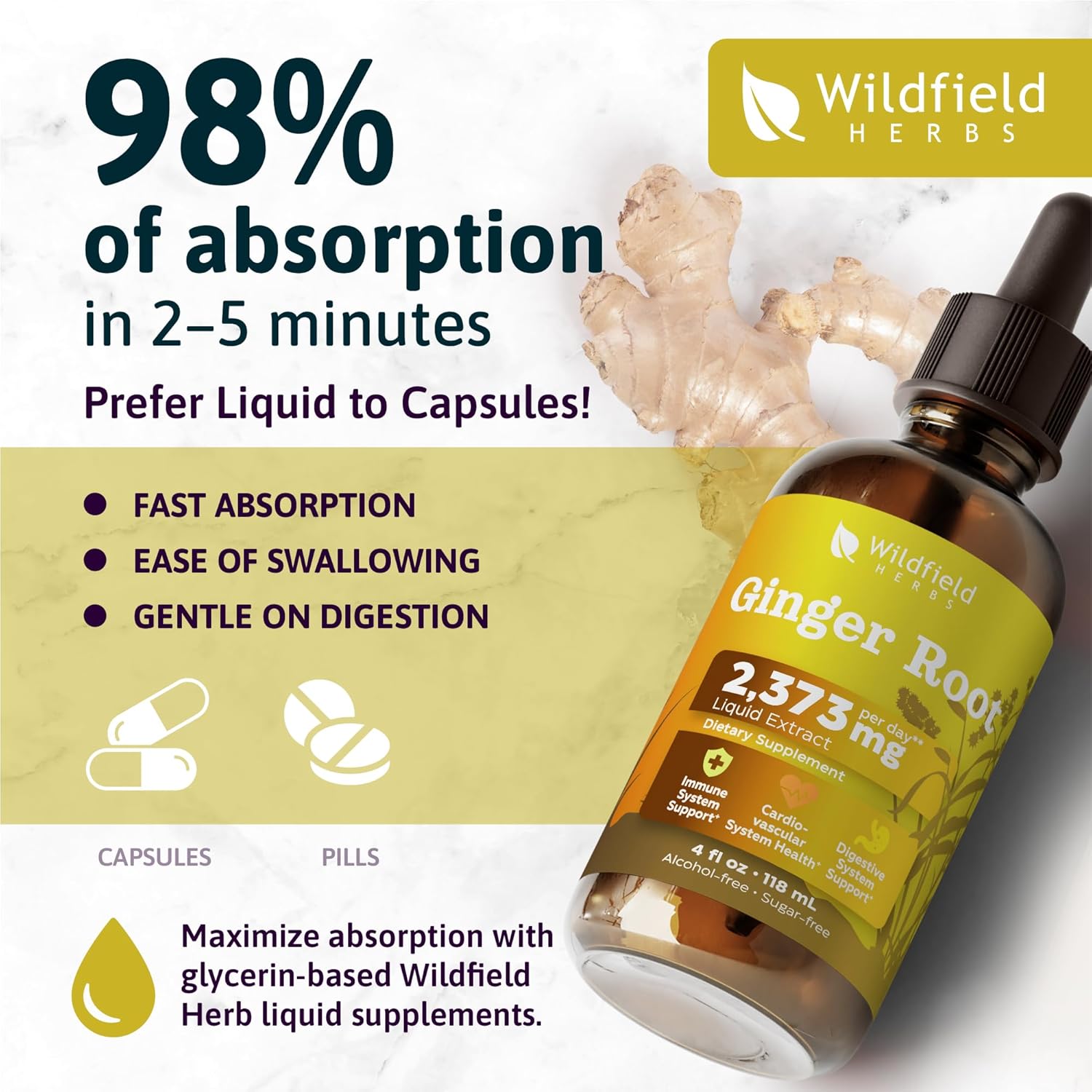 4 Oz Ginger Root Extract Liquid Drops - Stomach & Digestive Support | 2 Month Supply | - Made in USA - Ginger Root Supplement - Alcohol & Sugar Free