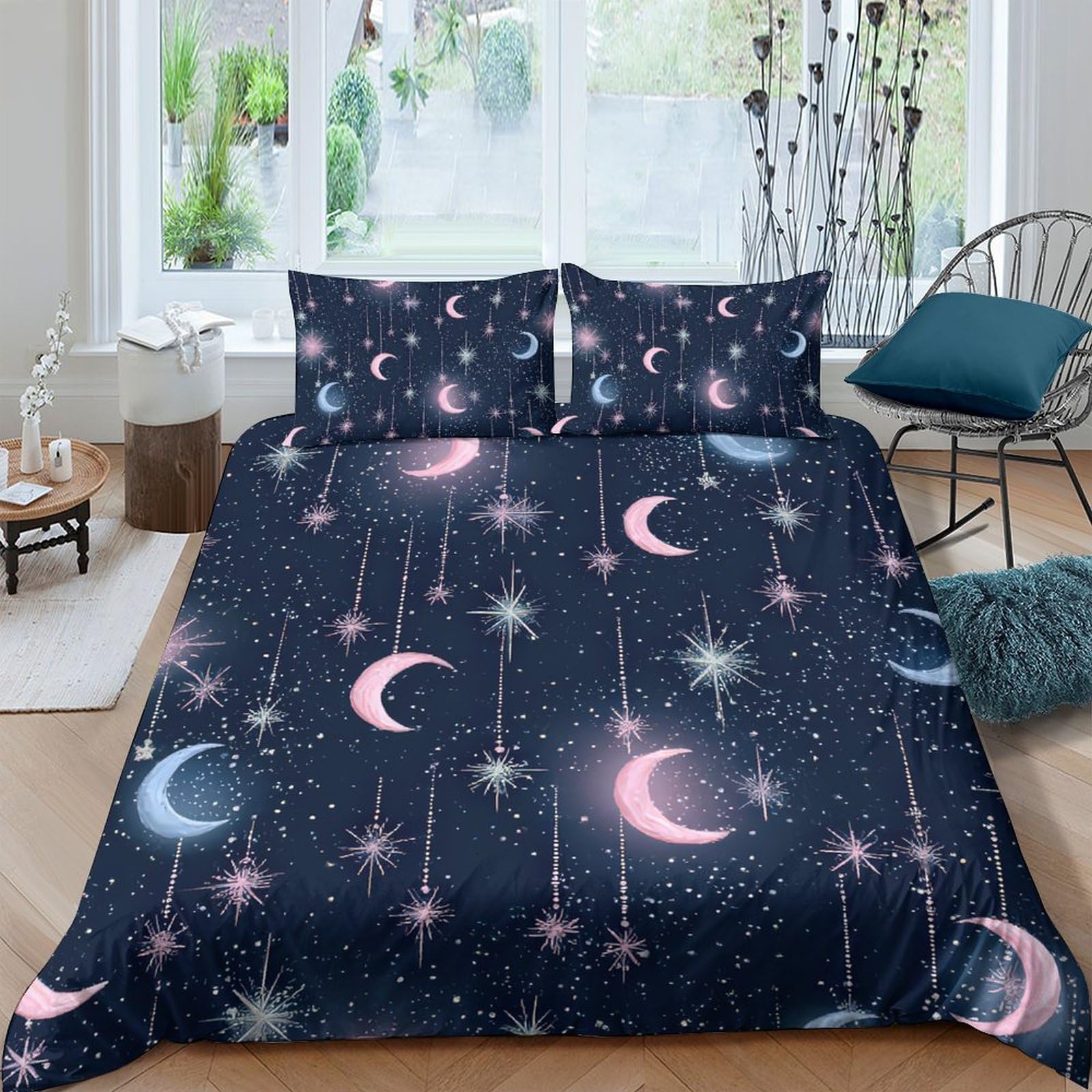 Ctjqhvkz Style-6 3D Printed Moon And Stars Fitted Sheet Microfiber Soft Dark Night Sky Mattress Cover Bedroom Dorm Decor Single（135X200cm）