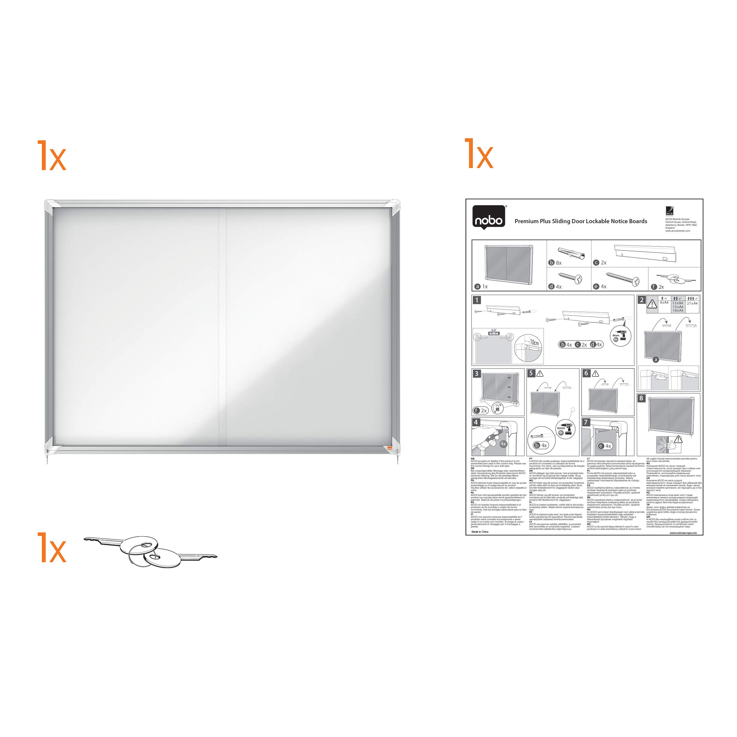 Nobo Bacheca Magnetica ad Ante Scorrevoli con Serratura, 8 x A4, Gamma Premium Plus, Bianco, 1902569