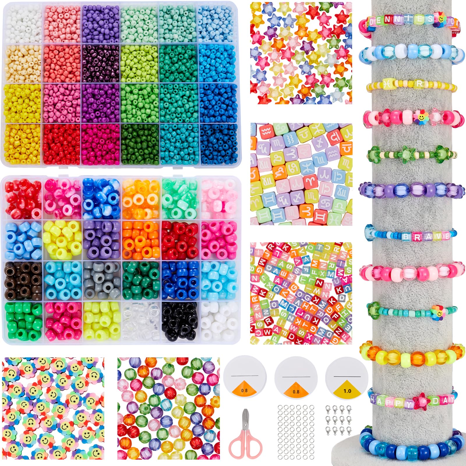 DenniesCare Friendship Bracelet Making Kit Pony Beads Kit 4580pcs Kandi Beads Set 48 Colors Mini and Standard Pony Beads with 21 Meter Elastic Threads for Craft Jewelry Necklace for Ages 15+