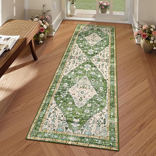 Miniatura 303 de Lahome Tapete tribal bohemio, pequeño, suave, antideslizante, lavable, de pelo corto, para piso en puerta, interior, entrada, baño, silla, Verde