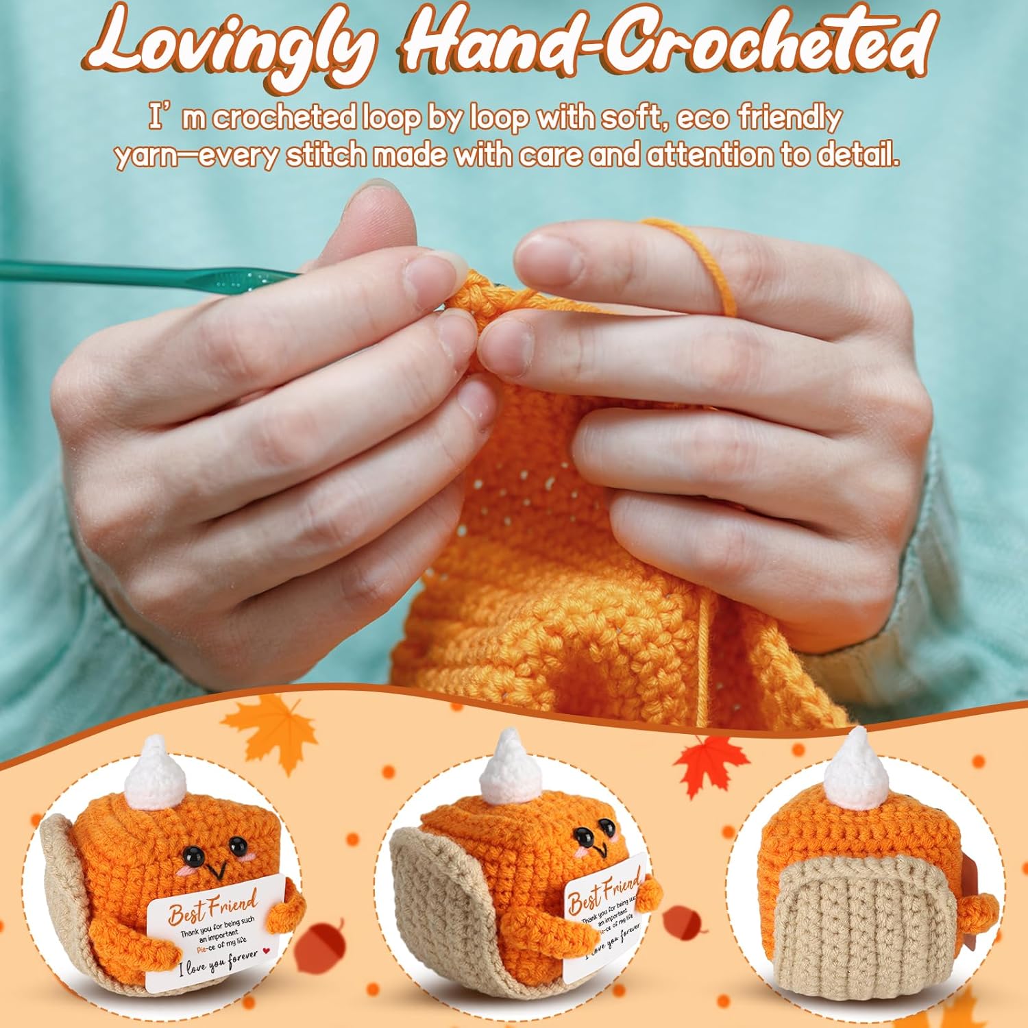 Thank You Gifts for Friends Women, Mini Handmade Crochet Pumpkin Pie Plush Love for My Forever Best Friend, Birthday Presents for Bestie BFF, Unique Halloween Thanksgiving Ideas - Image 3