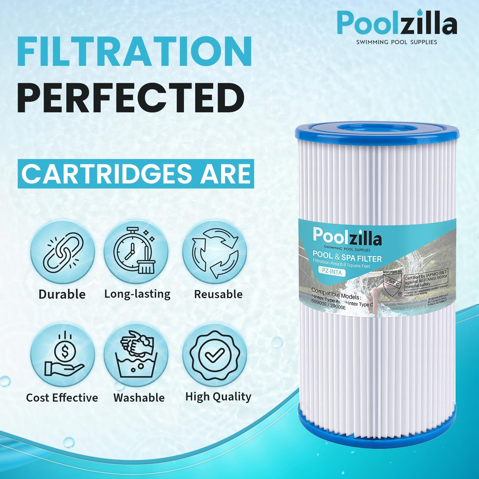 Poolzilla Filtr zastępczy do typu A lub C, kompatybilny z Intex 29000E/59900E, łatwy zestaw filtrów basenowych, letnich ucieczek lub letnich fal nad basenami naziemnymi