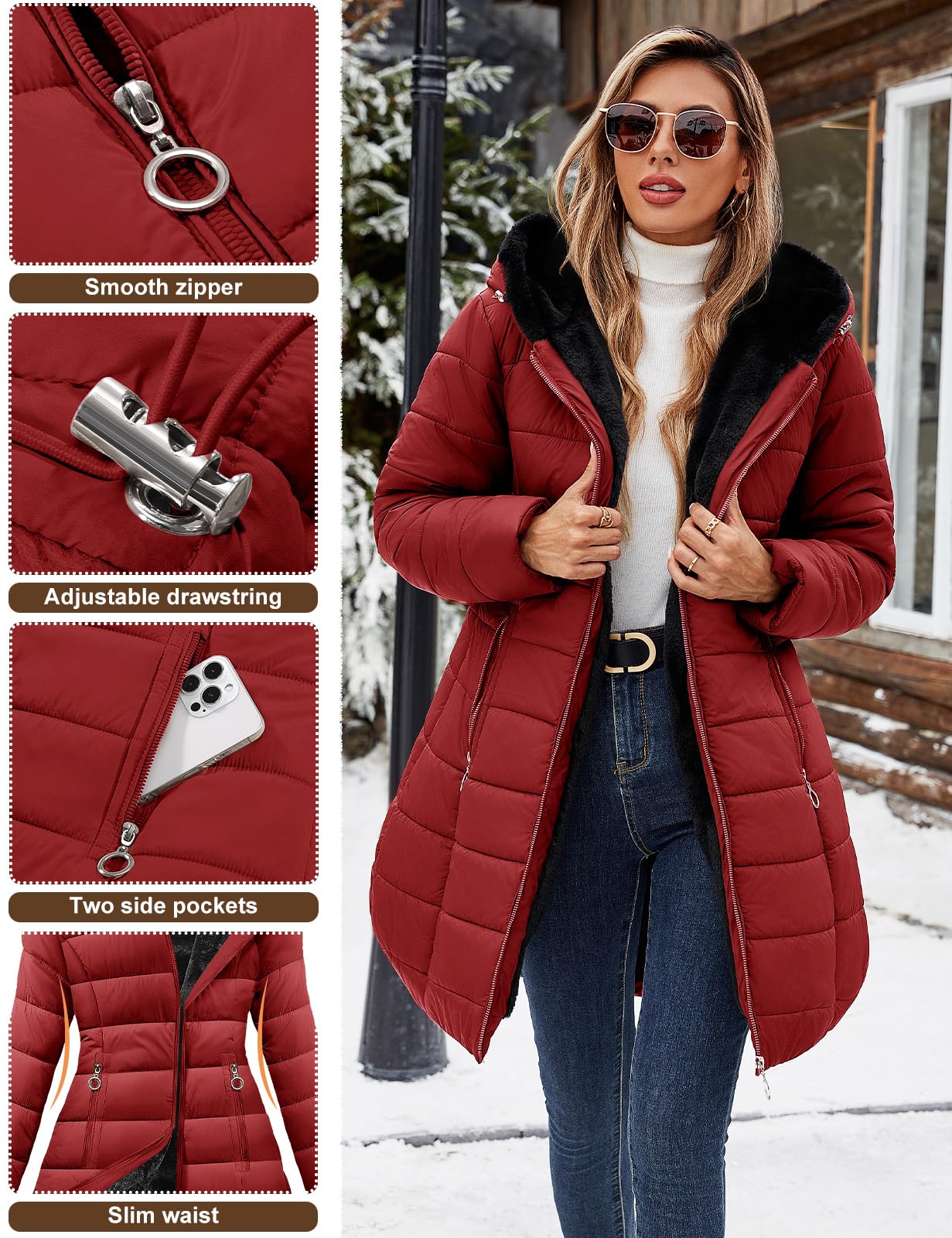 CMTOP Cappotto Donna Invernale Lungo Imbottito Parka Donna con Fodera in Peluche Cappuccio Regolabile Tessuto Idrorepellente Tasche con Zip e Polsini Antivento a Costine