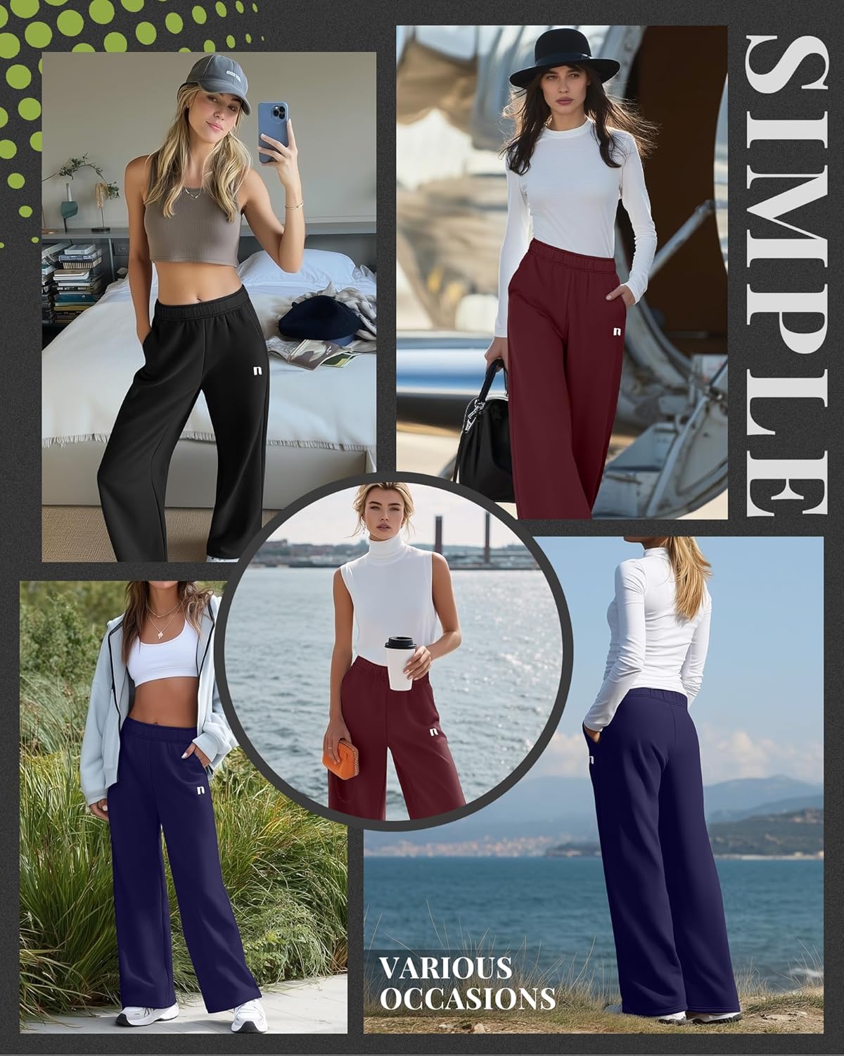 Neer 3 Pack Womens Wide Leg Sweatpants Lounge Athletic Joggers Elastic Waist Baggy Straight Leg Long Pants with Pockets(Black, Prussian Blue, Wine Red,X-Large) - Image 3