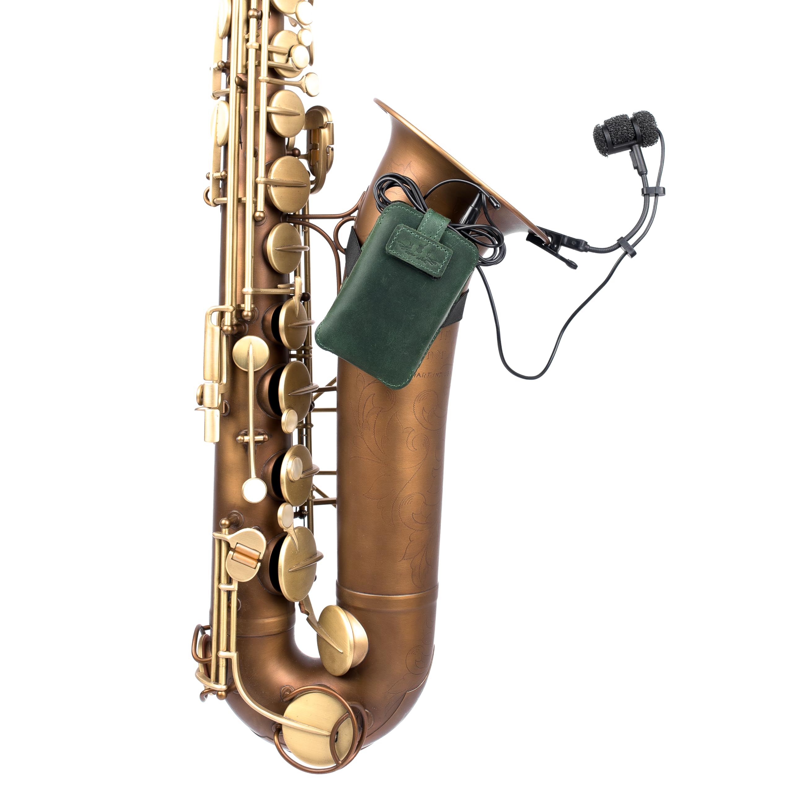 Sassofono microfono trasmettitore porta microfono in vera pelle cinghie elastiche regolabili per vestibilità sicura ideale per jazz, studio, concerti dal vivo (verde)