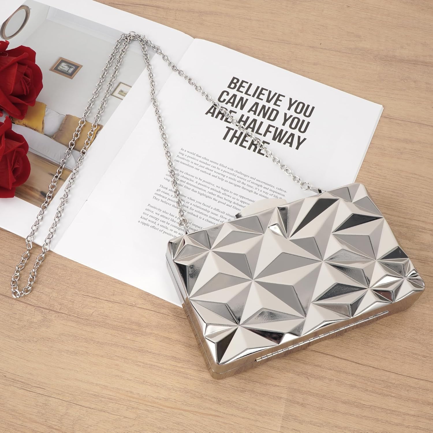 Reberomantic Women Lattice Pattern Metal Handbag Chain Geometric Evening Clutch Purse