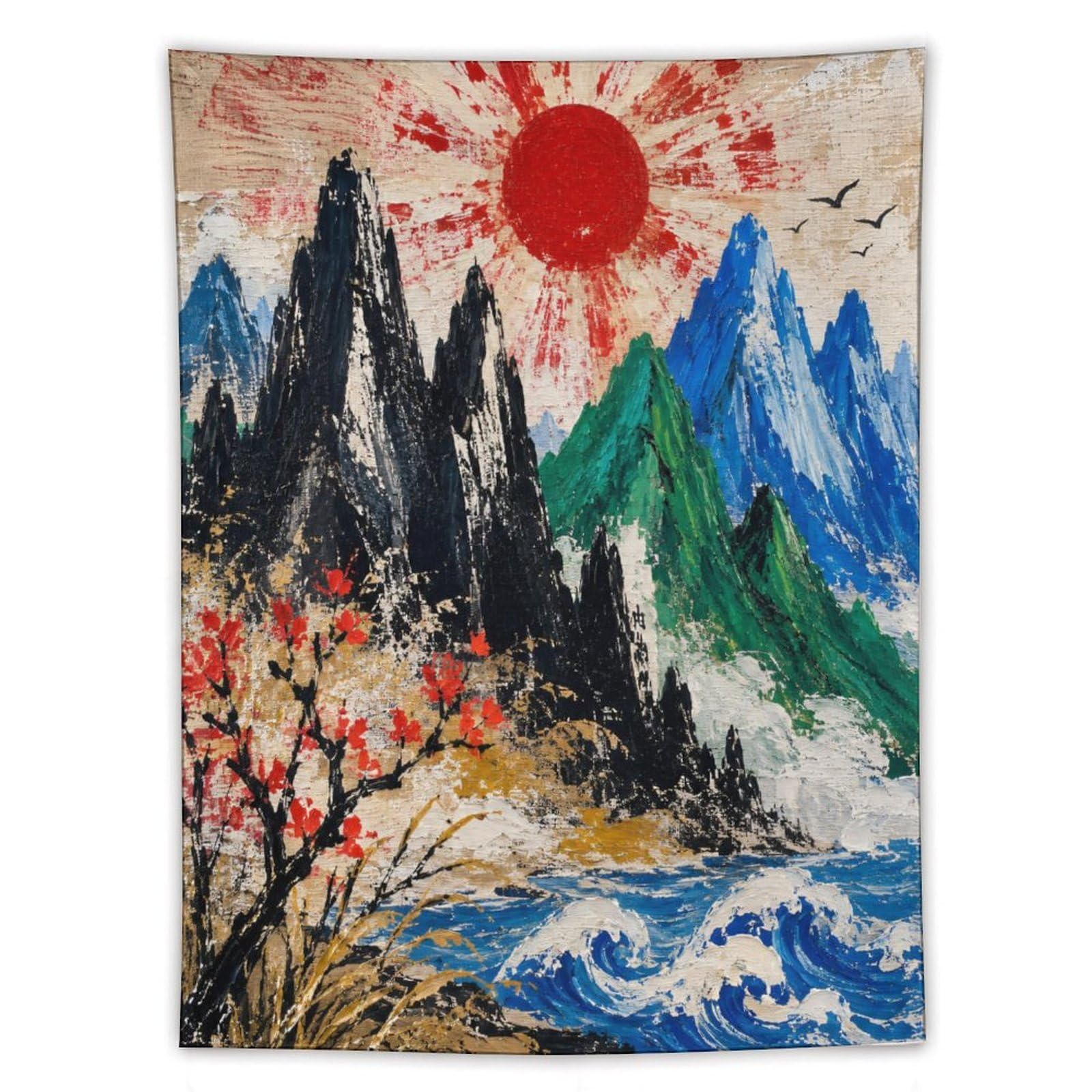H3B8U2Y5 Black Mountain River Wall Tapestry, Ukiyo-e Style, College Dorm